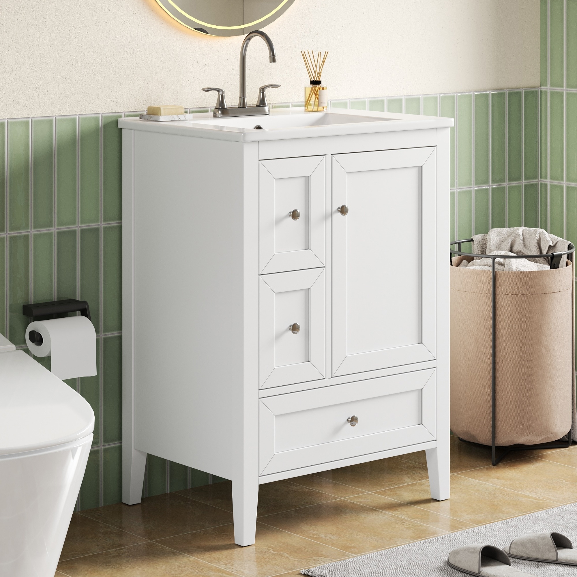 24" Modern Bathroom Vanity with Ceramic Sink, Solid Wood Legs, Soft-Close Drawers & Door, Storage Rack, Painted Surface Finish