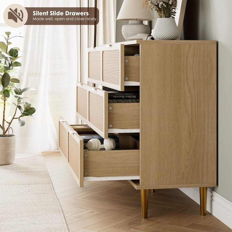 Rattan 6 Drawer Dresser for Bedroom, Large Double Dresser with Deep Drawers, Wooden Chest of Drawers for Closet with Wide Top