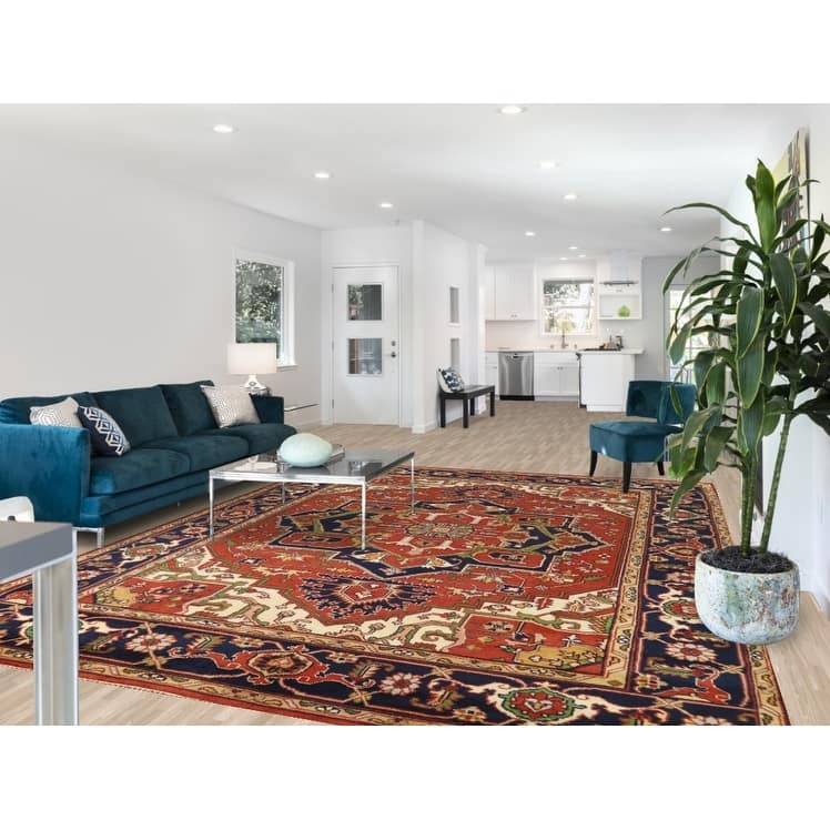 Hand Knotted Oriental 100% Wool Carpet Traditional Medallion Oranges & Rust Heriz (serapi) Area Rug - 11' 10'' X 8' 11''