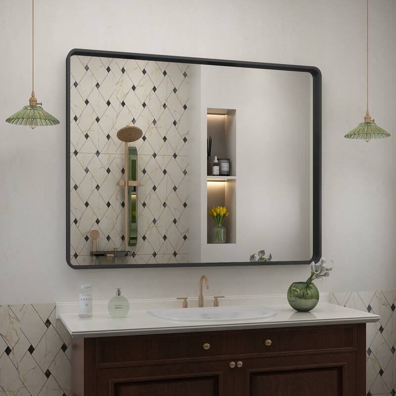Aluminum alloy Framed Tempered Glass Wall Bathroom Vanity Mirror - 40" x 32" - Black
