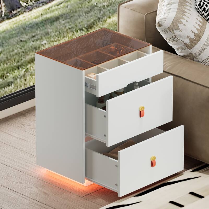 3-Drawer 30"Nightstand with LED Light, Nightstand with 3 Storage Drawers, Bedside Table with Glass Top Jewelry Storage