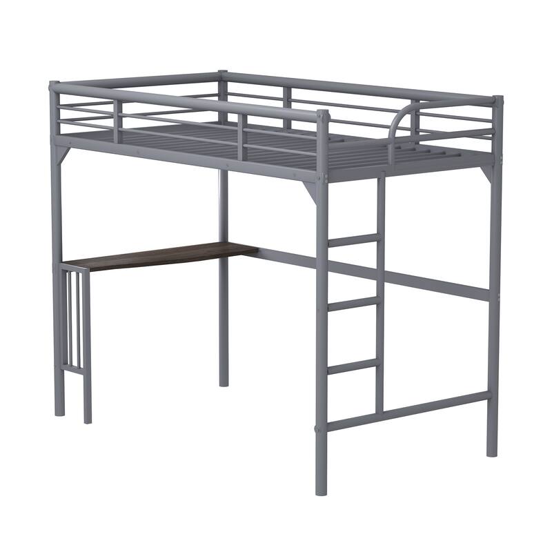 Twin Metal Loft Bed with Desk, Ladder & Guardrails, Twin Size Kids Bed