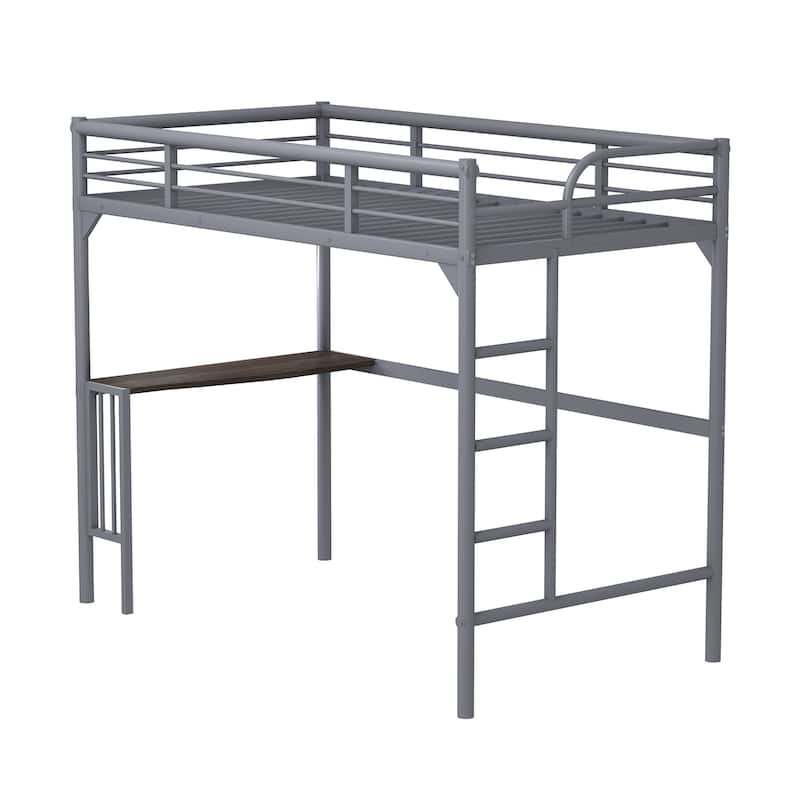 Twin Size Metal Loft Bed with Integrated Desk, Ladder, and Safety Guardrails, Black/Silver