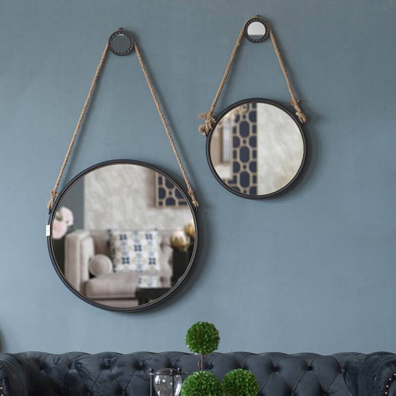 Round Hanging Wall Mirror with Rope Strap - 29.5" - Black