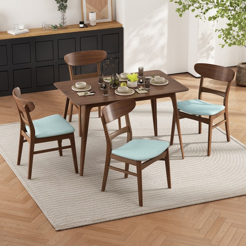 Mid-Century Modern 5-Piece Dining Set - Rubberwood & Upholstered Chairs