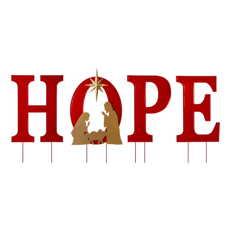 Glitzhome 32"H Lighted Metal HOPE Yard Stake Wall Decor with Timer (3 Functions) - Red - Red