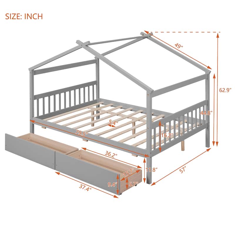 Kids' Twin/Full Wooden House Bed with Drawers, House-Shaped Frame, and Pine Wood Construction