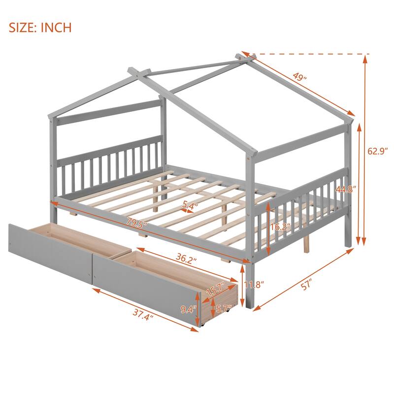 Kids Playhouse Bed Platform Bed with 2 Drawers and Roof, Sturdy Wooden Daybed for Kids, Easy Assembly, No Box Spring Needed