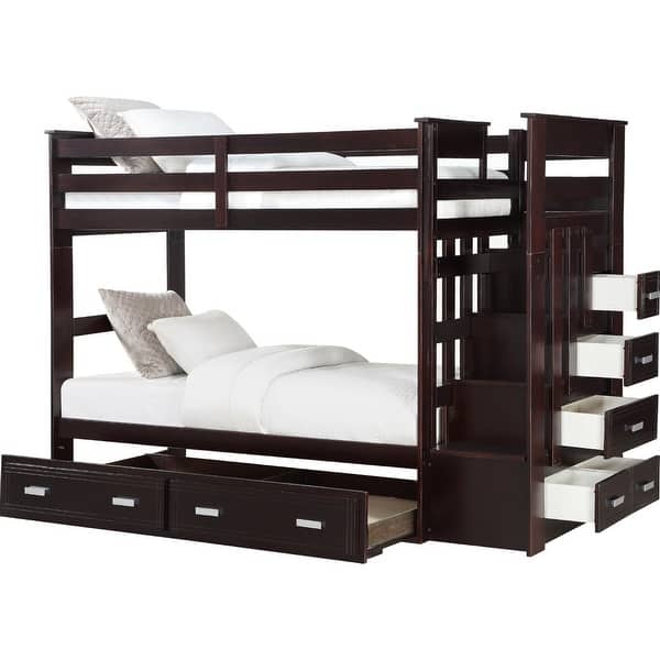 slide 2 of 7, Classic Wood Twin Bunk Bed with Trundle, Storage Ladder, 5 Drawers, Brown Brown - Twin
