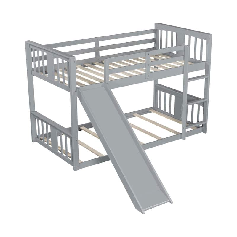 Wooden Twin Over Twin Bunk Bed with Slide and Ladder, Space-Saving Design for Kids and Teens