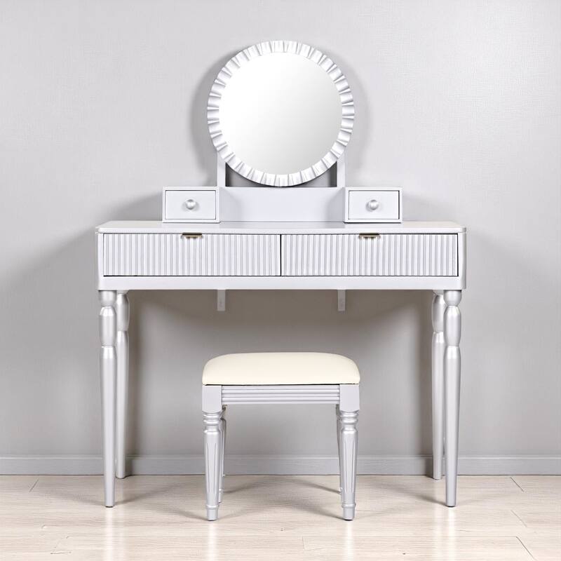 Luxury Vanity Table Set with Height-Adjustable Round Mirror, 4 Drawers & PU Stool, Elegant Makeup Desk for Bedroom - Silver