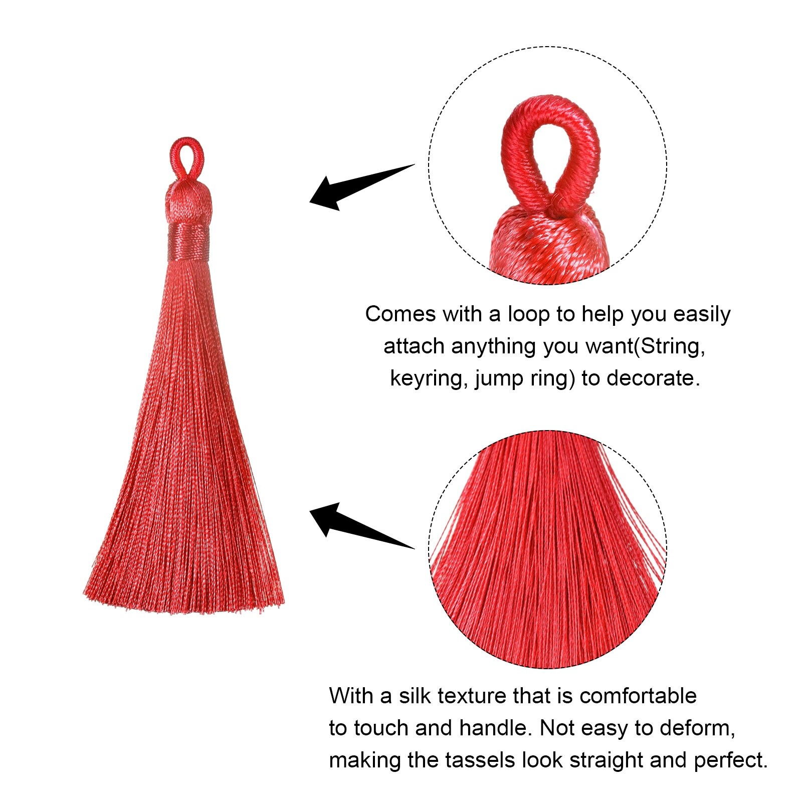 6.5 Silky Bookmark Tassels with Loop for DIY Craft Accessory, 8Pcs Rose  Red