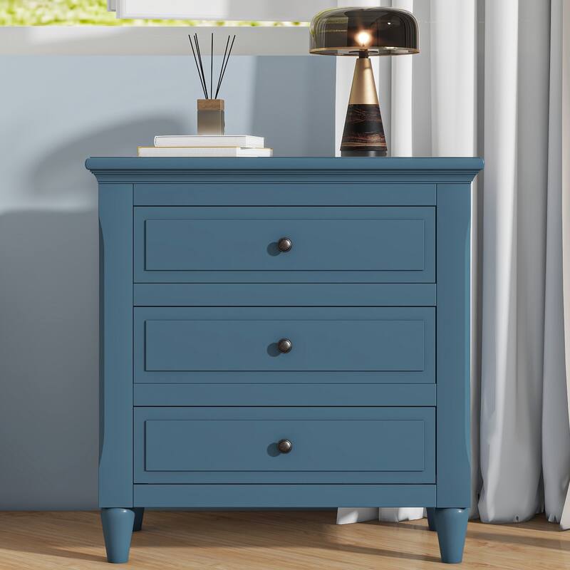 28'' Pine Wood Nightstand with 3 Drawers, Smooth Gliding Rails, and Metal Handles for Bedroom, Living Room, or Office - Blue