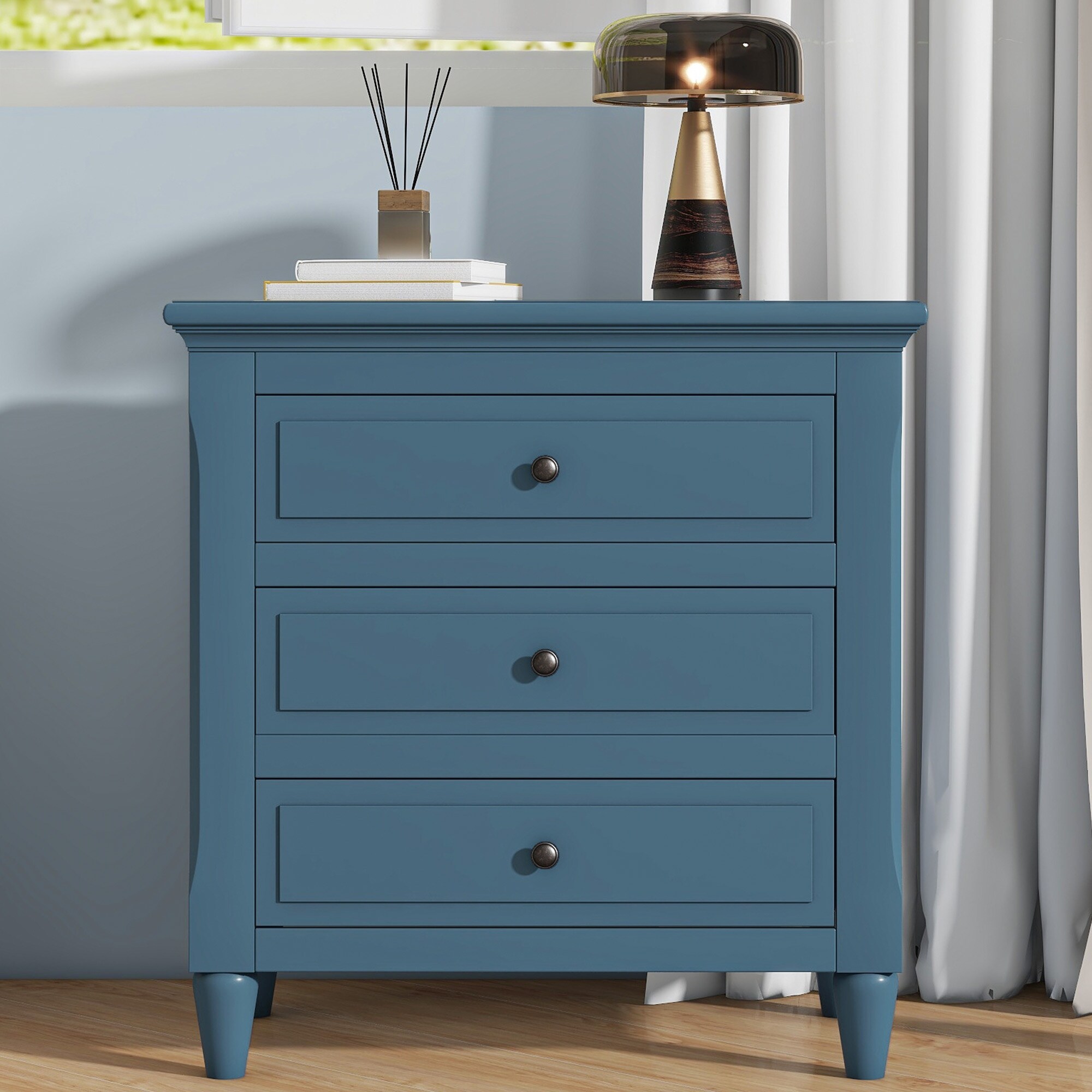 Modern Blue MDF Nightstand 3 Drawer Wooden Storage Cabinet for Bedroom Living Room
