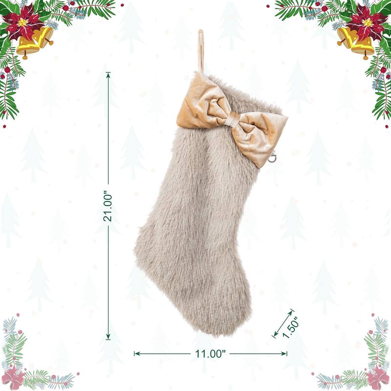 Glitzhome 21"L Plush Faux Fur Christmas Stocking with Bow & Tree Skirt