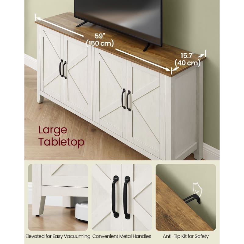 White Wooden Buffet Storage Cabinet with Adjustable Shelves and Glass Doors - 15.7"D x 59"W x 31.5"H