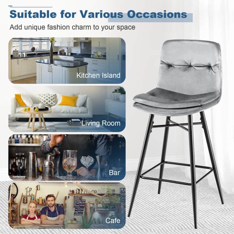 2 Pieces 29 Inch Velvet Bar Stools Set with Tufted Back and Footrests - 17.5" x 20" x 41"