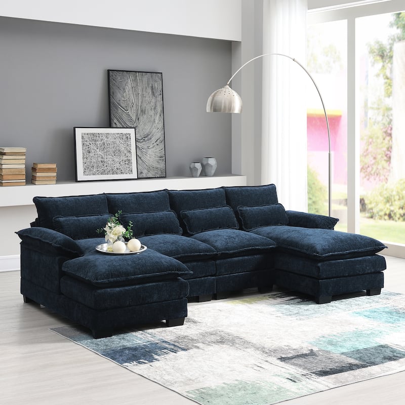 Modern Modular U-shaped Sectional Sofa, Chenille Cloud Couch Set - Blue
