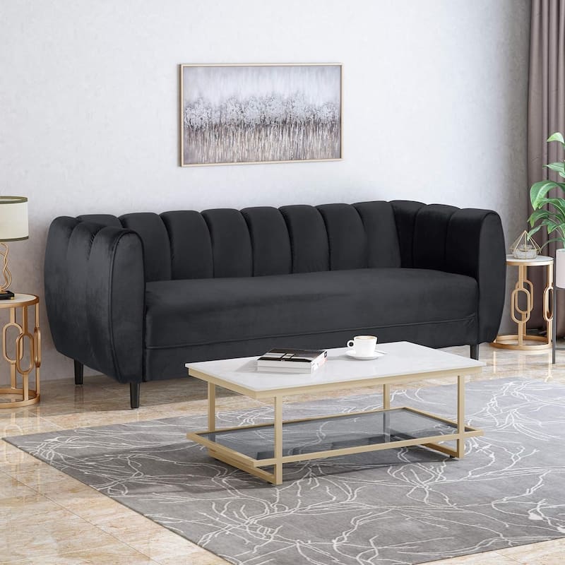 83.25" Velvet Channel Tufted 3-seater Sofa with Birch Wood Legs for Living Room - Black