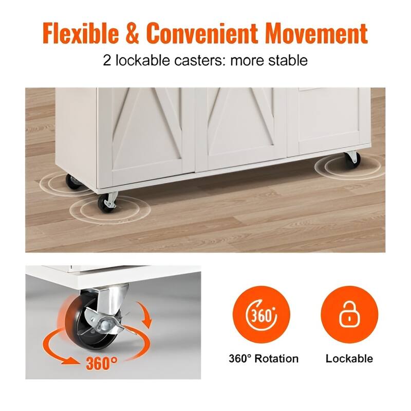 White Wood Kitchen Island Cart with Drop Leaf, Storage and Wheels - 45.3” L x 26.7” W x 39” H