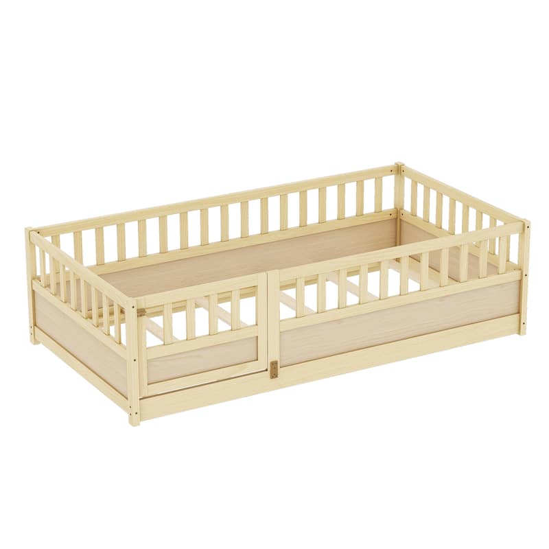 Montessori Wooden Twin Floor Bed Frame with High Safety Barrier, Kids' Bed with Fence Design and Entry Door