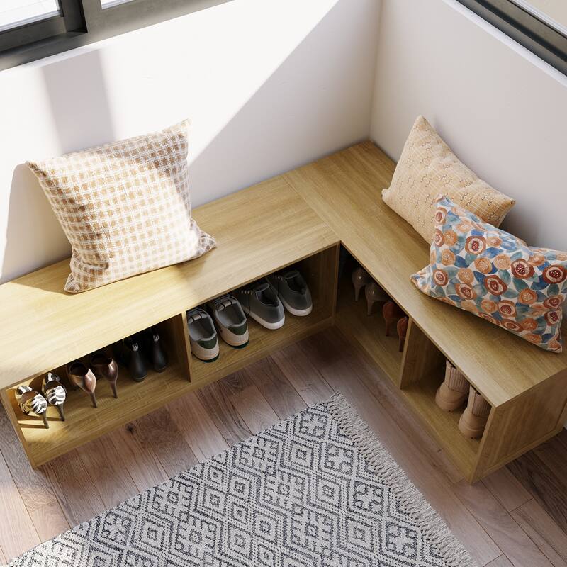 L-Shaped Entryway Bench with Open Shoe Storage, Corner Mudroom Organizer Seating, Wooden Hallway Storage Bench