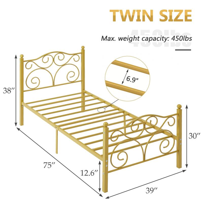 Javlergo 2-Pack Twin Size Victorian Metal Bed Frame for Kids with Headboard & Footboard No Box Spring Needed