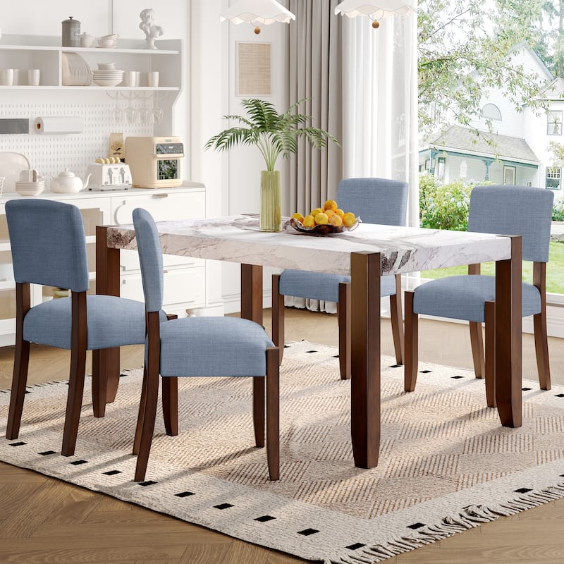 5 Piece Dining Table Set for 4, 46" Faux Marble Table with 4 Upholstered Chairs - Blue