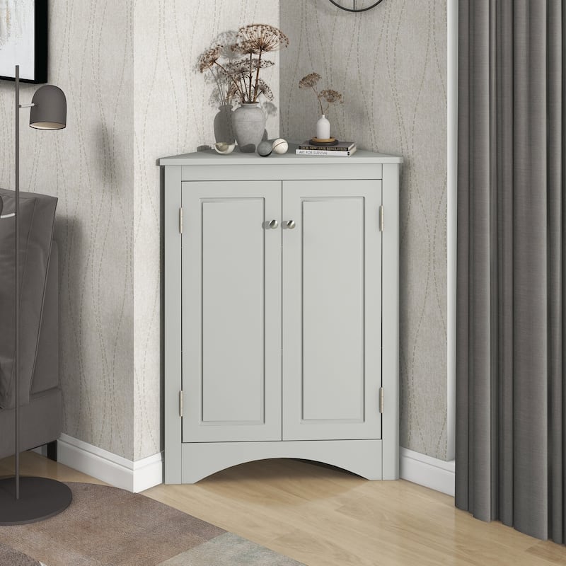 Triangle Floor Cabinet Storage Corner Cabinet with Adjustable Shelves and Brushed Nickle Knobs for Office Bathroom Living Room - Grey