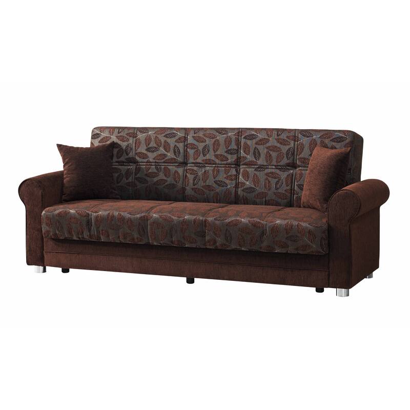 HomeRoots 89" Dark Brown Chenille Convertible Futon Sleeper Sofa And Toss Pillows With Storage