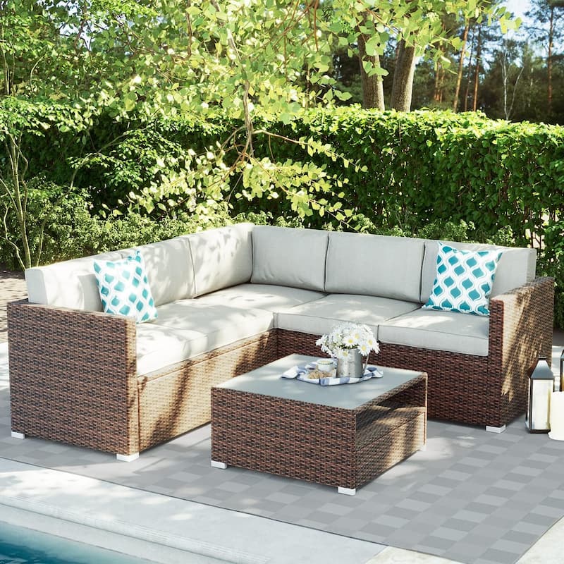 4-Piece Patio Conversation Set Patio Furniture Set With Thick Cushions,Outdoor Sectional Sofa Outdoor Wicker Sofa W Coffee Table - 81"L x 81"W x 25.6"H - Grey