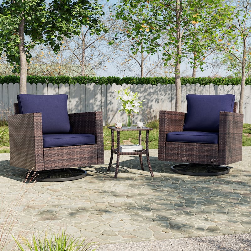 BONOSUKI 3Pcs Patio Swivel Rocking Sofa Set Brown Rattan w/Glass Table - Navy Blue