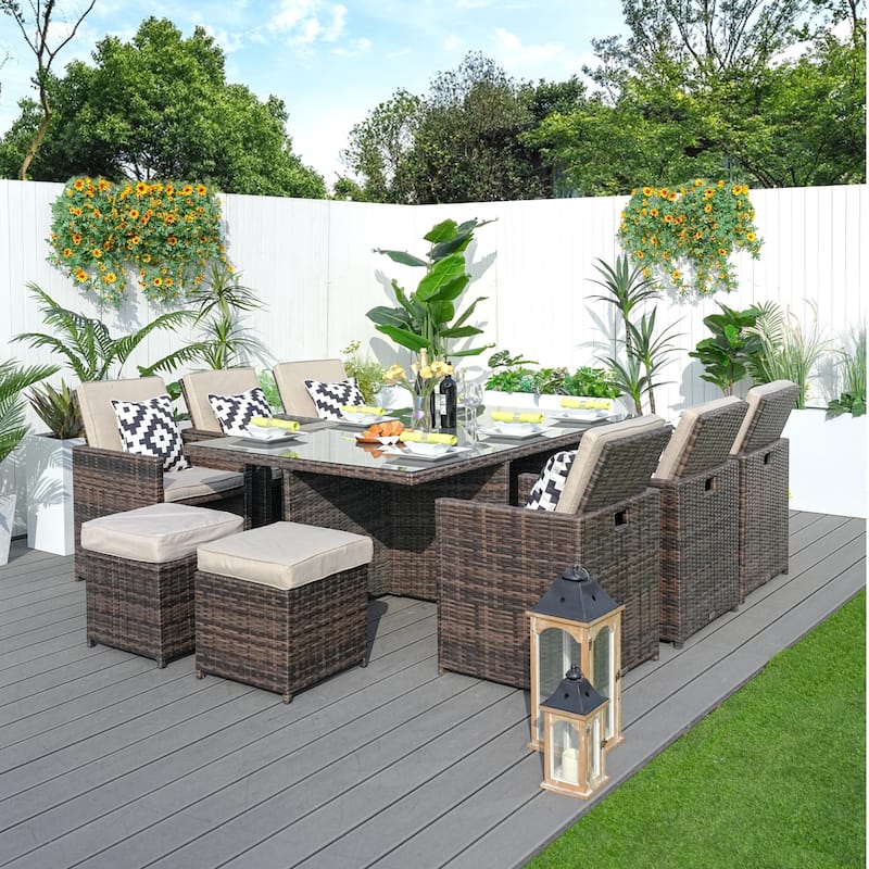 11-Piece Aluminum Wicker Outdoor Dining Set with Cushions and Tempered Glass Tabletop