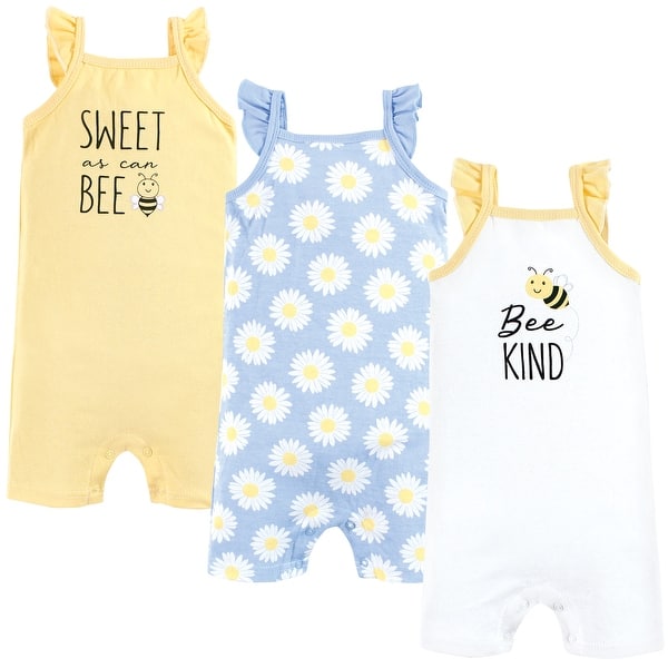 slide 1 of 1, Hudson Baby Infant Girl Cotton Rompers, Bee Kind 0 - 3 Months - Yellow/Blue