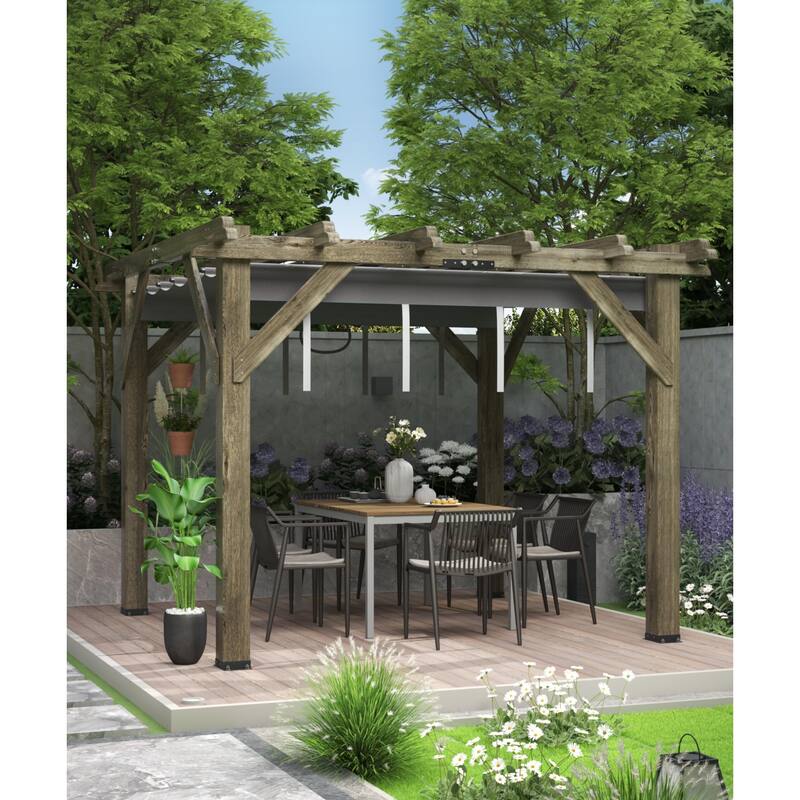 Wood Pergola with Retractable Sunshade Canopy