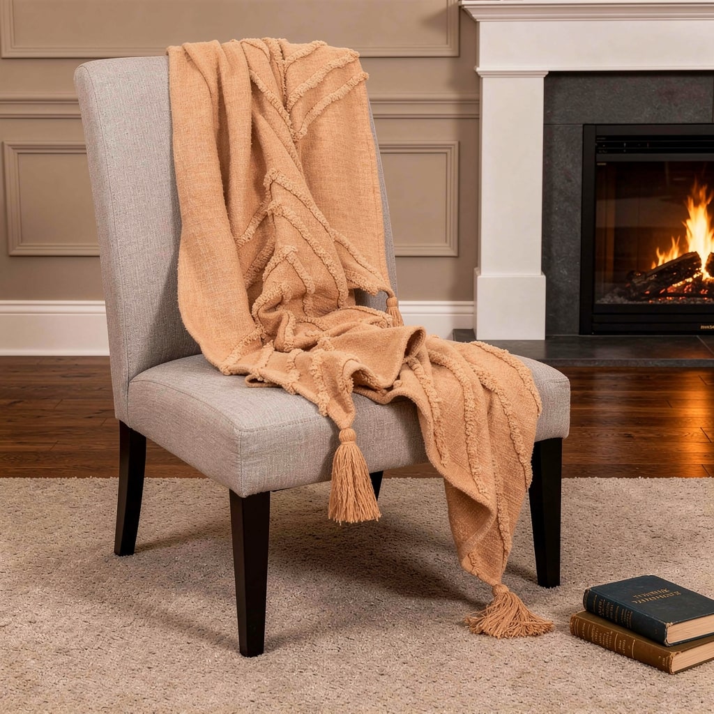 HomeRoots 50" X 60" Terra Cotta Cotton Woven Geometric Throw Blanket with Fringe