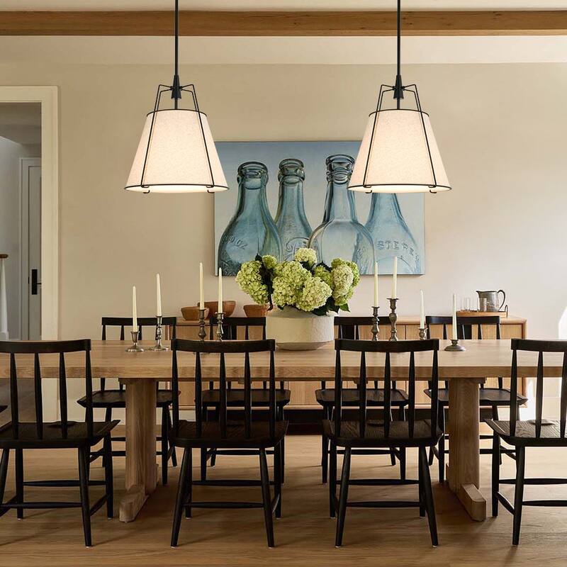 Mid Century 4-Light Conical Ivory Linen Lantern Pendant Ambient Light - 15in - Black Finish