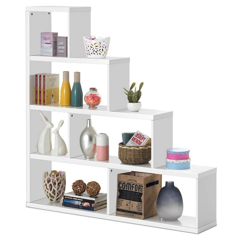 6 Cubes Ladder Shelf Corner Bookshelf Storage Bookcase-White - 61" x 11" x 64"(L x W x H)