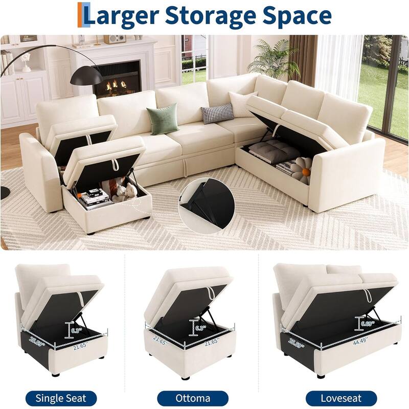 U Shaped Sectional Sleeper Sofa with Pull Out Bed, Chenille Modular Sectional Sofa