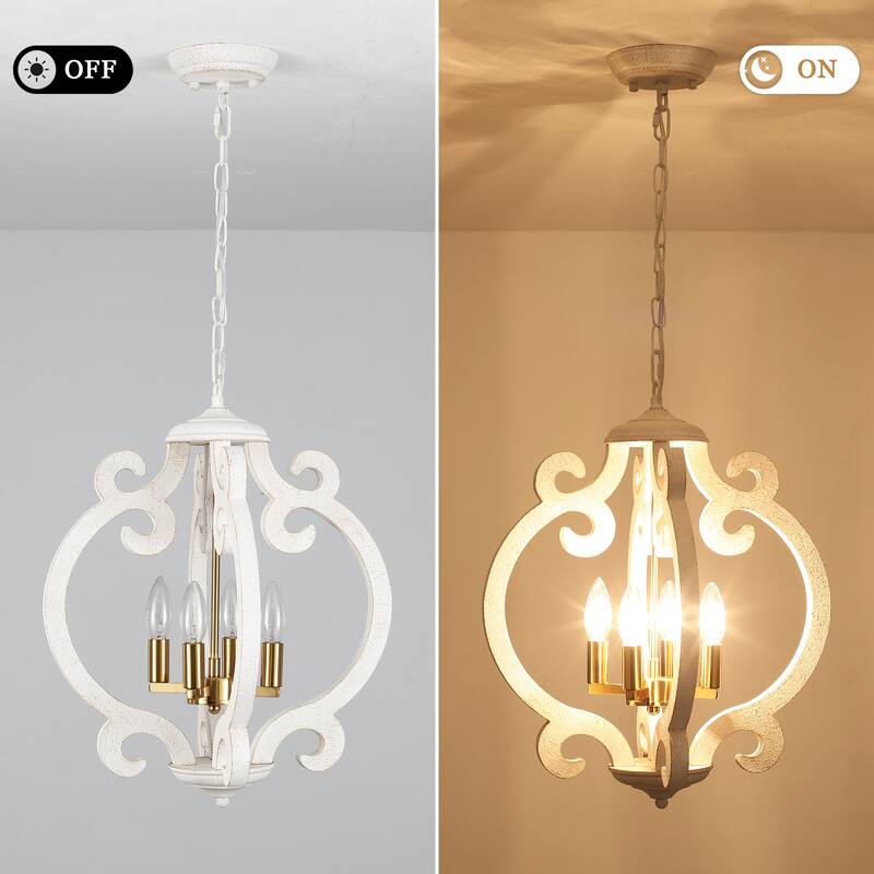4-Light 15.74-inch Farmhouse Wooden Lantern Chandeliers for Entryway