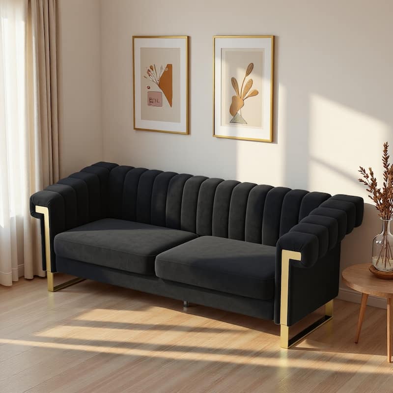 Velvet Sofa Couch for Living Room, Modern Loveseat Couch with Gold Accents, Apartment Chesterfield Sofa