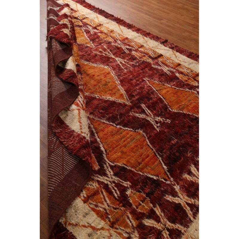 Hand Knotted Oriental 100% Wool Carpet Modern Tribal Red Moroccan Area Rug - 9' 10'' X 6' 10''