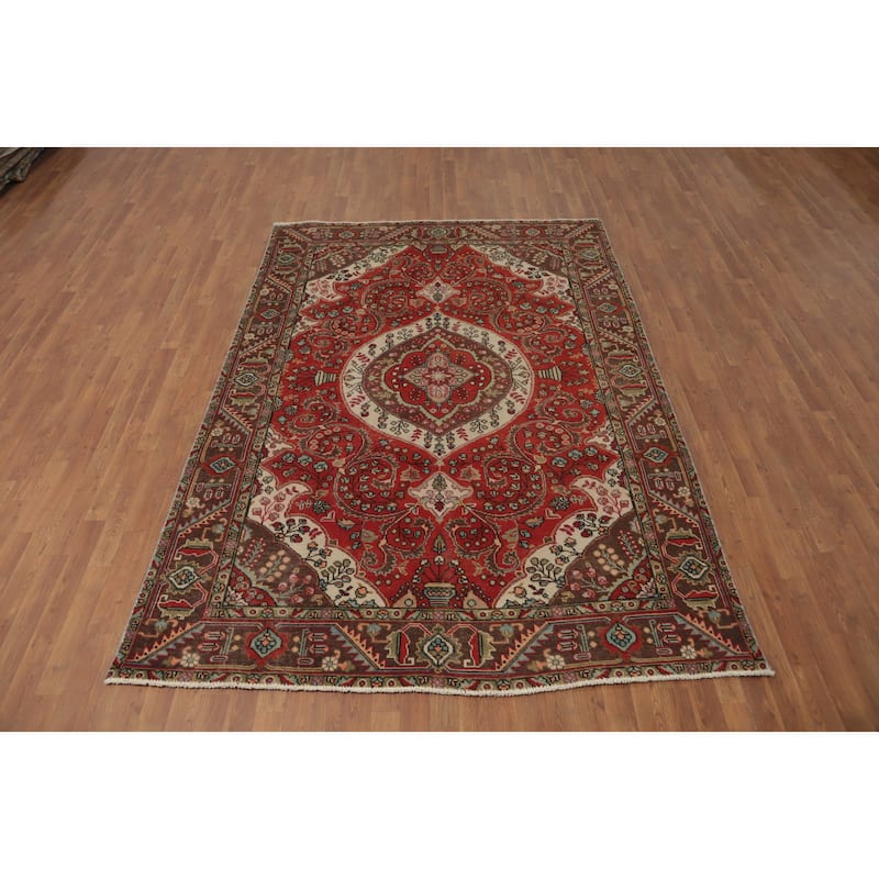 Hand Knotted Oriental 100% Wool Carpet Traditional Floral Oranges & Rust Tabriz Area Rug - 9' 1'' X 6' 4''