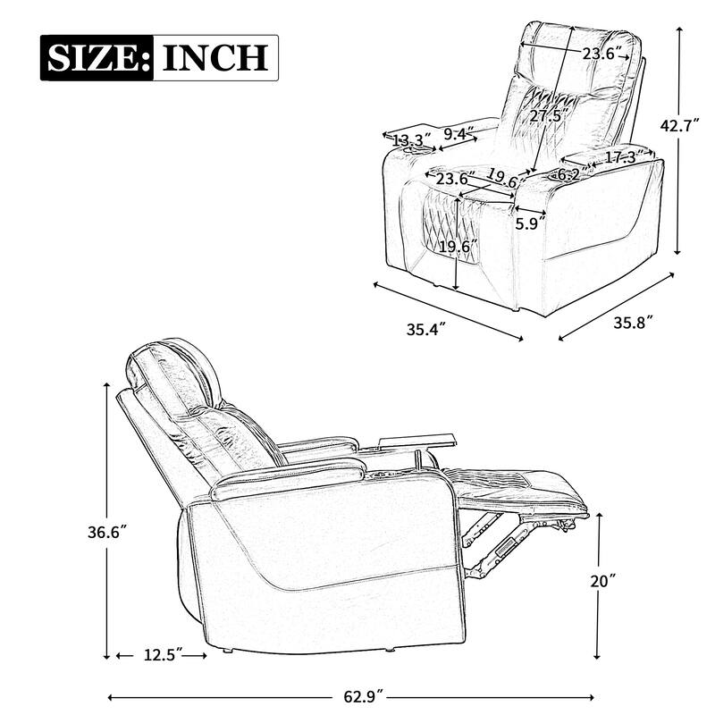 Power Motion Recliner with USB Charging Port and Hidden Arm Storage 2 Convenient Cup Holders Design and 360° Swivel Tray Table