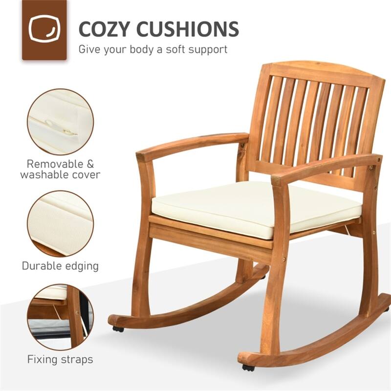 Teak Acacia Wood Rocking Chair with Cream Cushion for Porch and Patio - 23.5"W x 33.25"D x 23.5"H