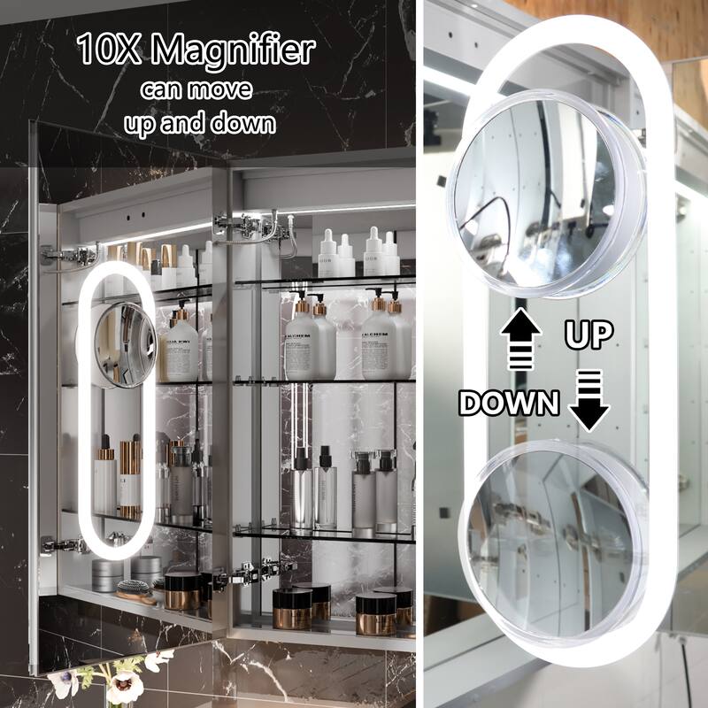 36'' H Recessed or Surface Mounted Bathroom LED Mirror Cabinet With Defogger, Dimmer, 10x magnifying