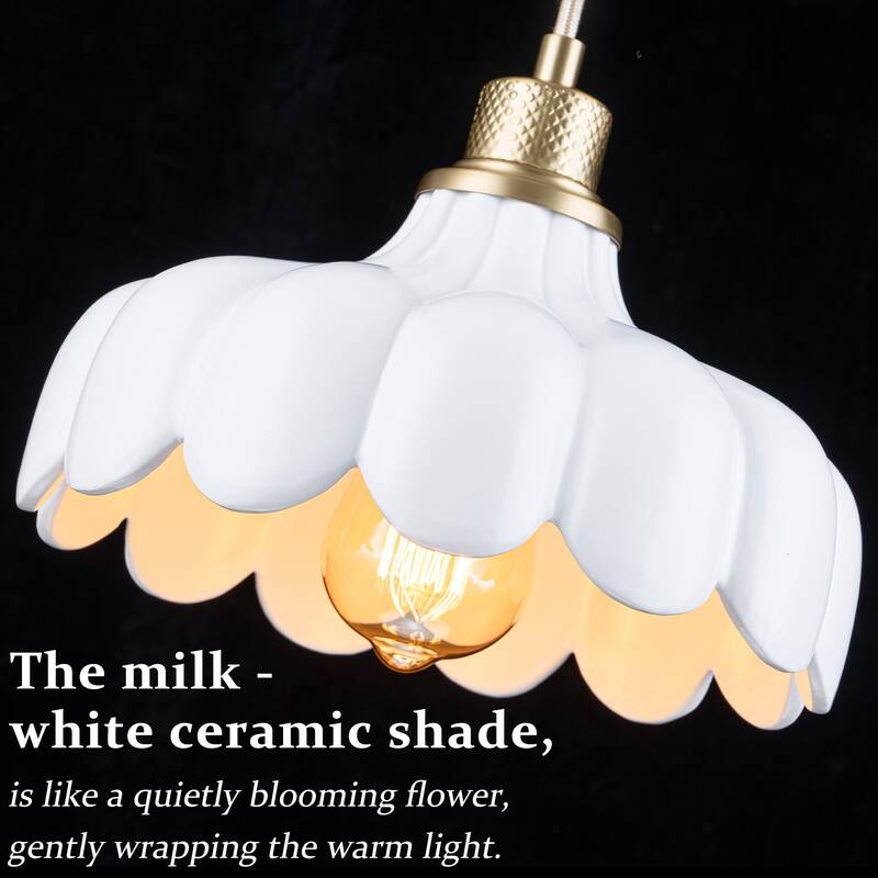 Modern Brushed Gold Pendant Light with Ceramic Flower Shade Fixture - Dia.10-in