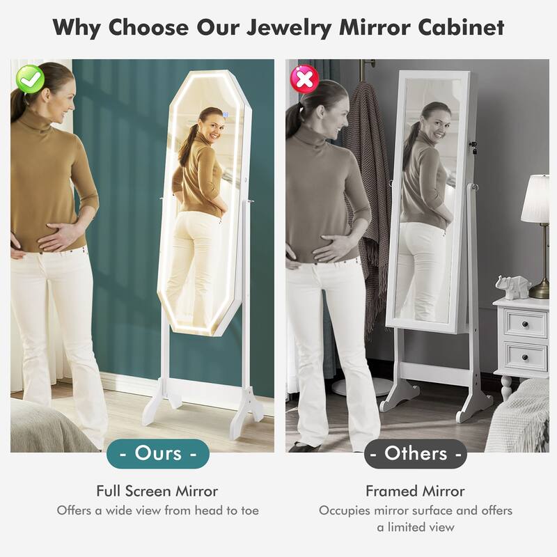 Costway Standing Jewelry Cabinet Armoire Organizer LED Light Mirror - See Details