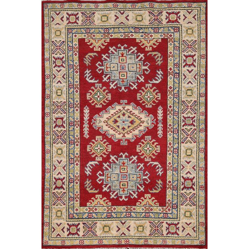 Red Geometric Kazak Foyer Rug Handmade Wool Carpet - 3'3" x 5'0"