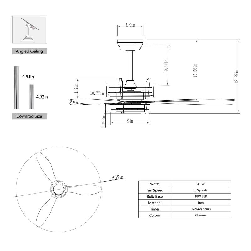 52'' 3 ABS Blades Ceiling Fan with Lights and DC Remote,DC Motor Ceiling Fan with 2 Down Rods,Indoor Ceiling Fan with Light
